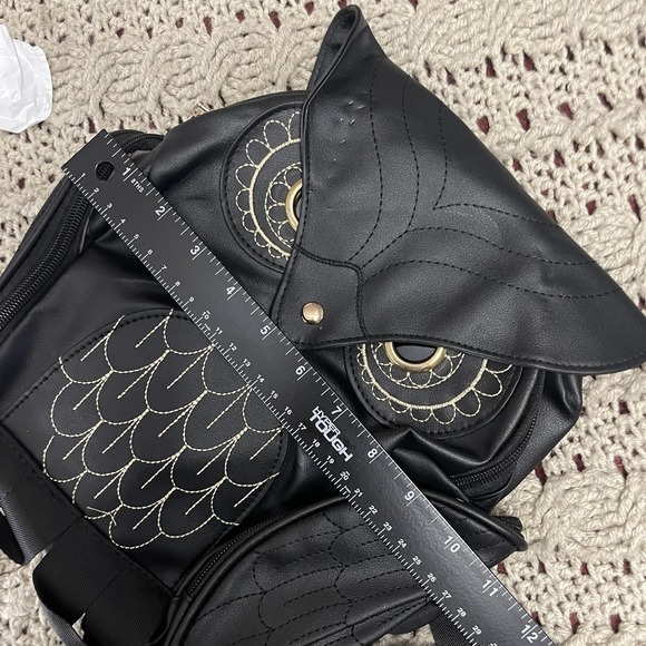Owl Backpack Black Faux Leather Embroidered Eyes Side Zipper Pockets Cute‎ Bag - Picture 15 of 16